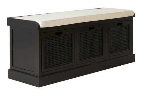 Heritage Black Three Drawer Wooden and Rattan Storage Bench with Cushion