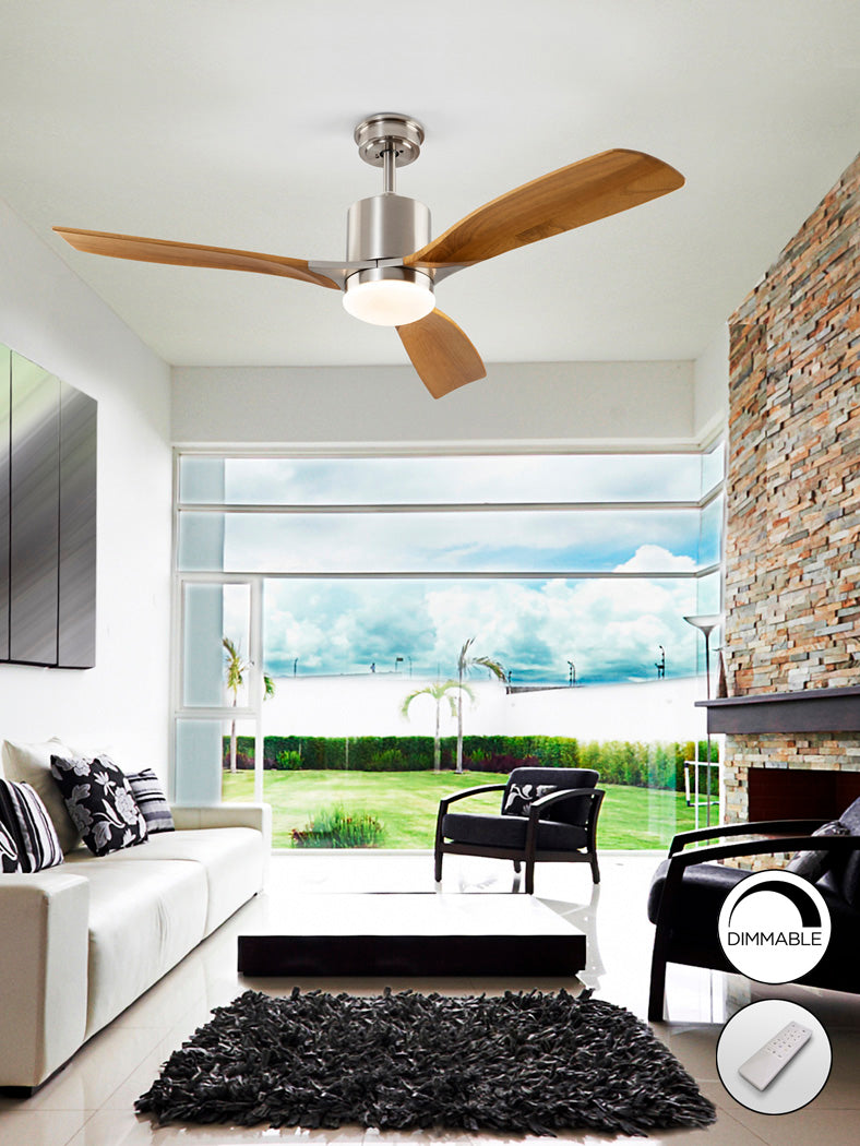 Anemos Dimmable Fan in Brushed Nickel and Cherry Wood Finish