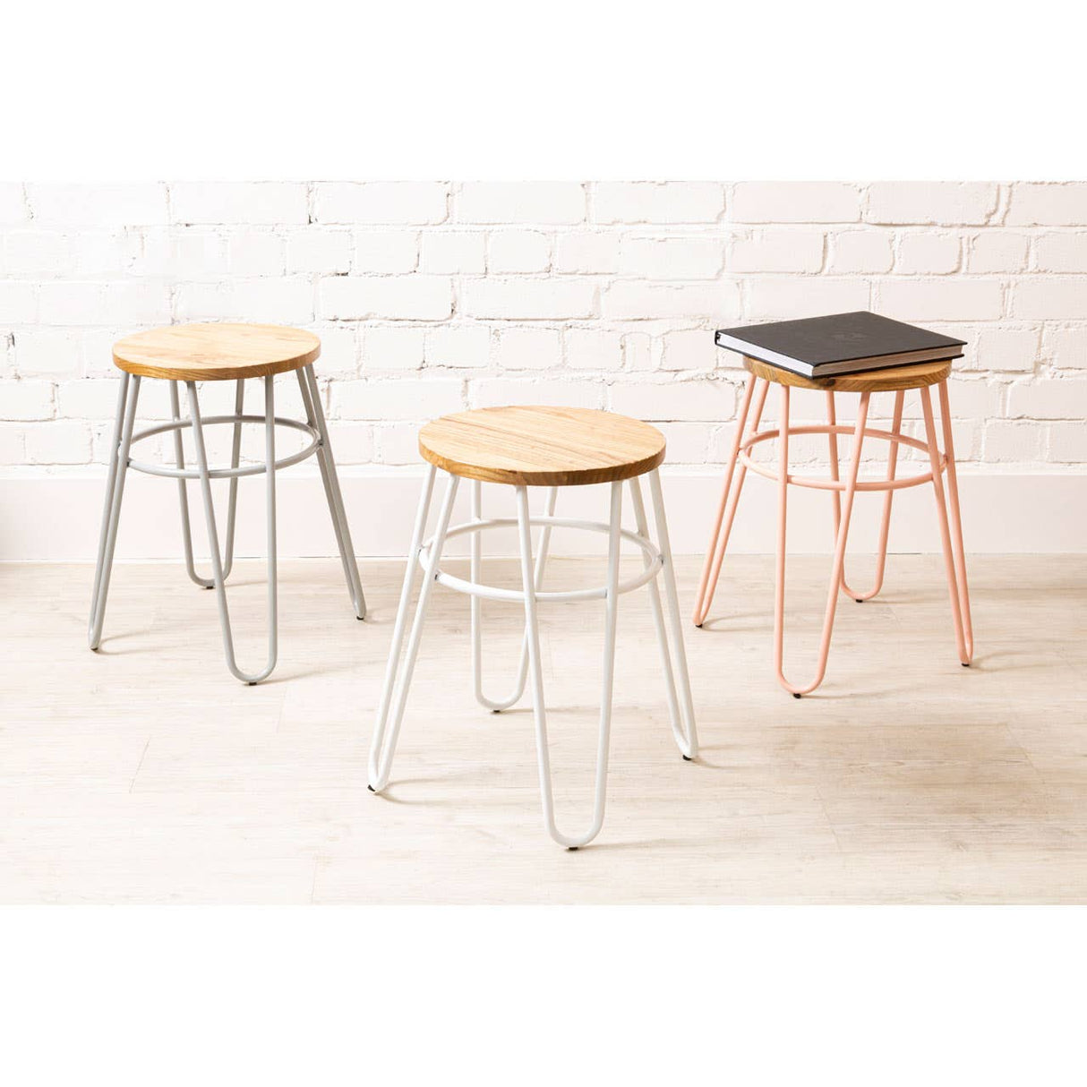 District Pink Metal & Elm Wood Hairpin Stool