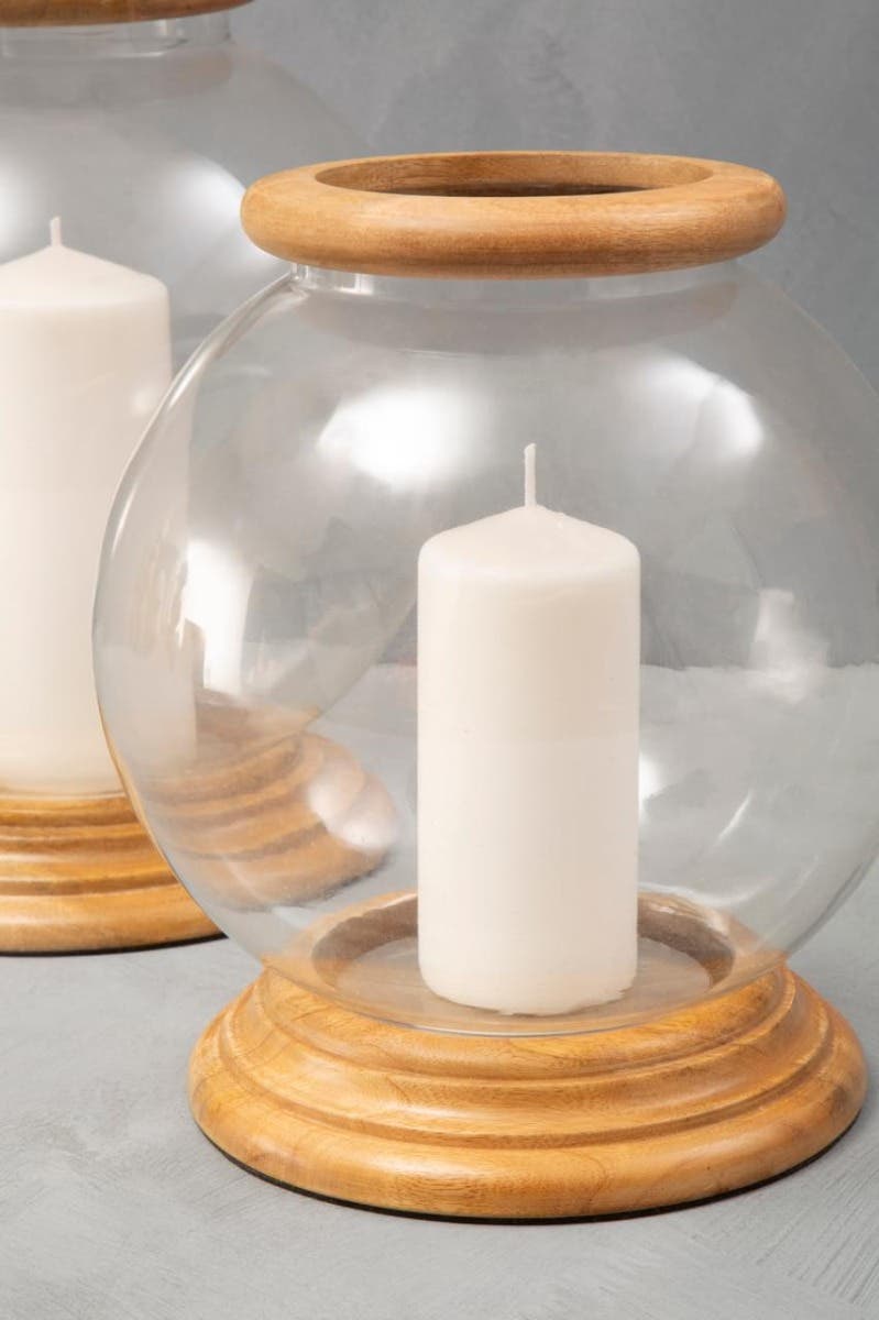 Hampstead Hurricane Small Candle Holder With Wood Rim