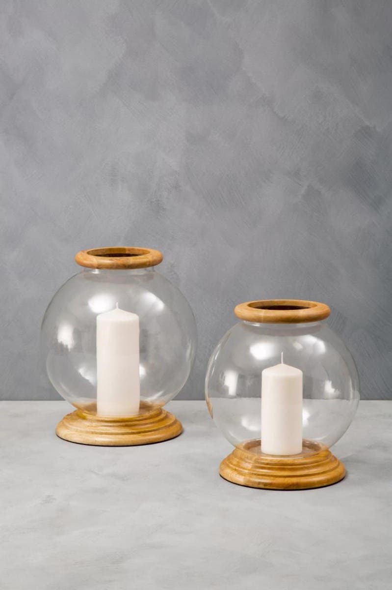 Hampstead Hurricane Small Candle Holder With Wood Rim
