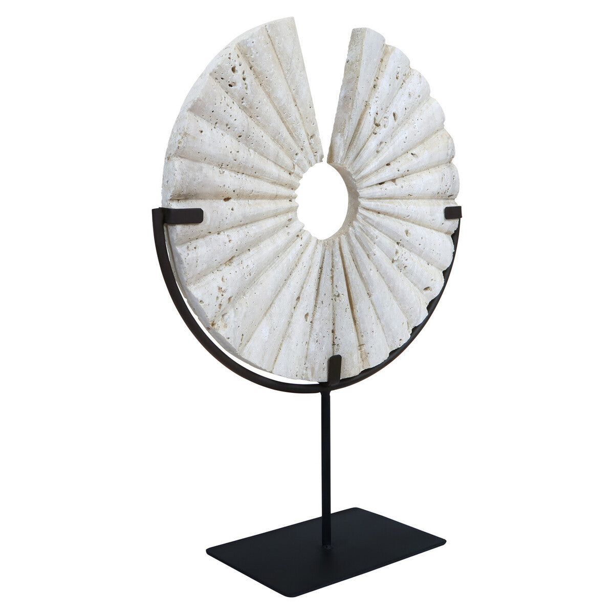 Tibor Travertine Ridged Disc Sculpture with Black Metal Base