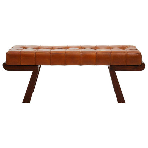Inca Brown Leather Bench with Cedar Wood Angular Base