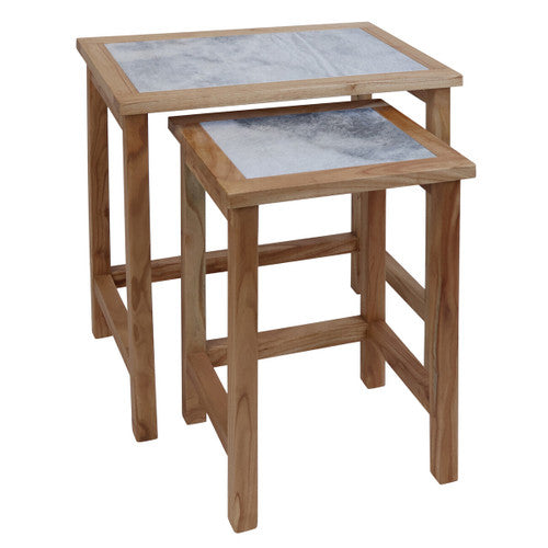Womad Large Set Of 2 Wooden Side Tables With White Marble Tops