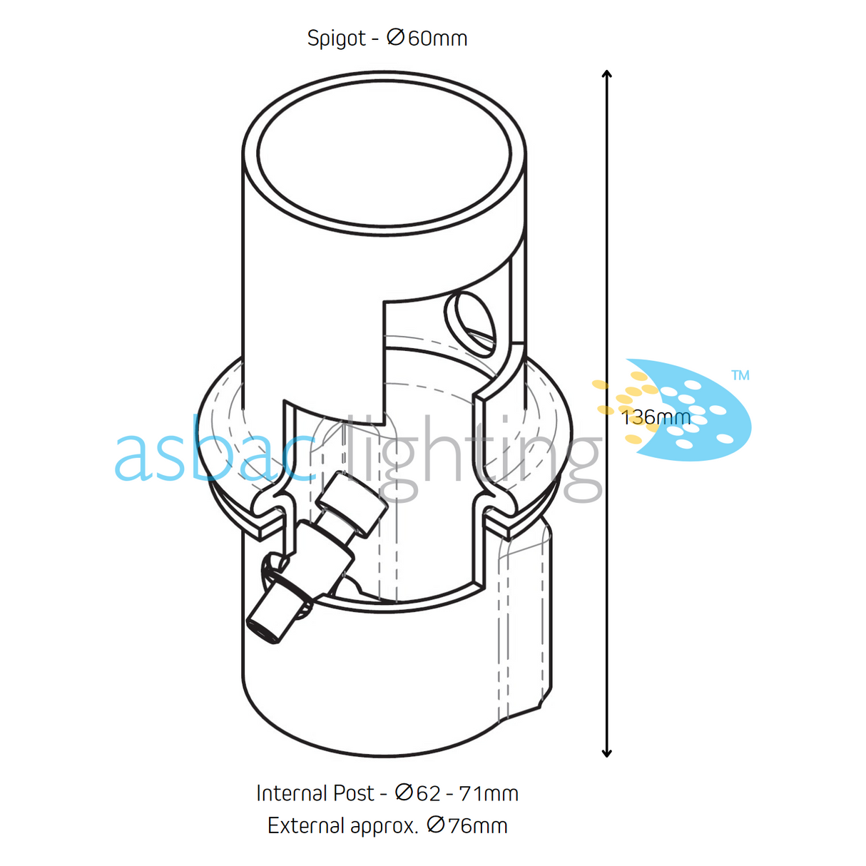 Internal Adaptor for 76mm column – 60mm spigot