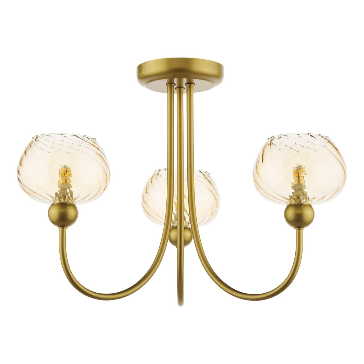 Cognac 3 Light Semi-Flush Satin Gold and Champagne Ribbed Glass