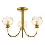 Cognac 3 Light Semi-Flush Satin Gold and Champagne Ribbed Glass