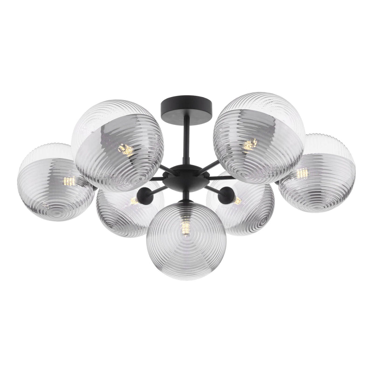 Cohen 7 Light Pendant Matt Black With Smoked/Clear Ribbed Glass ...