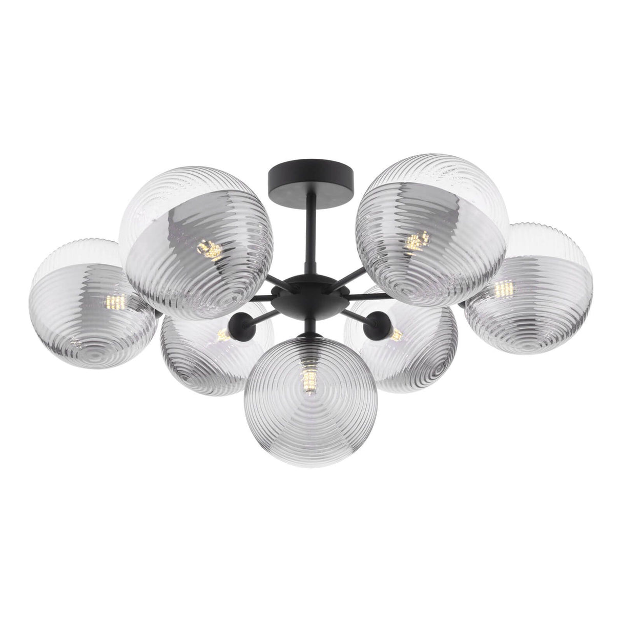 Cohen 7 Light Pendant Matt Black With Smoked/Clear Ribbed Glass