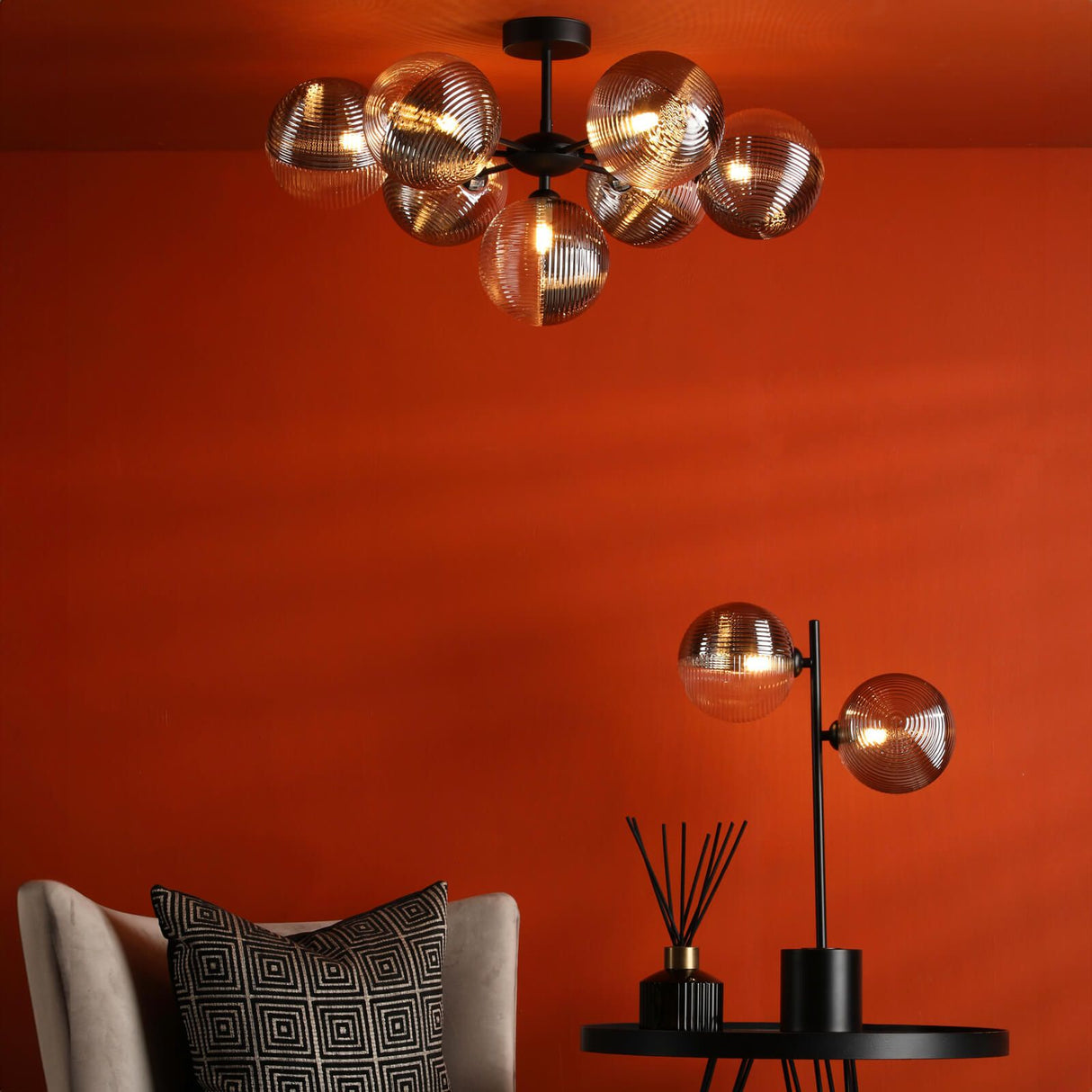 Cohen 7 Light Pendant Matt Black With Smoked/Clear Ribbed Glass