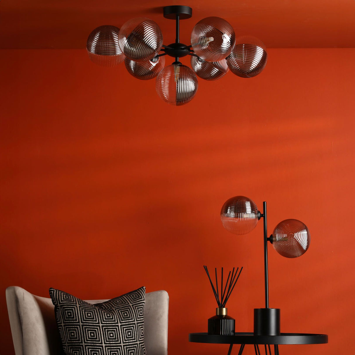 Cohen 7 Light Pendant Matt Black With Smoked/Clear Ribbed Glass