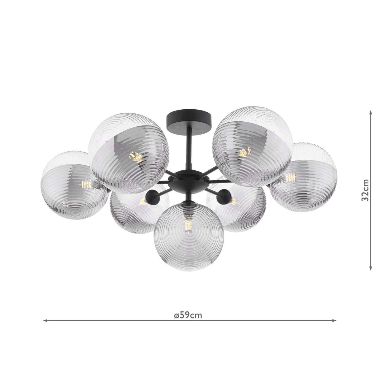 Cohen 7 Light Pendant Matt Black With Smoked/Clear Ribbed Glass