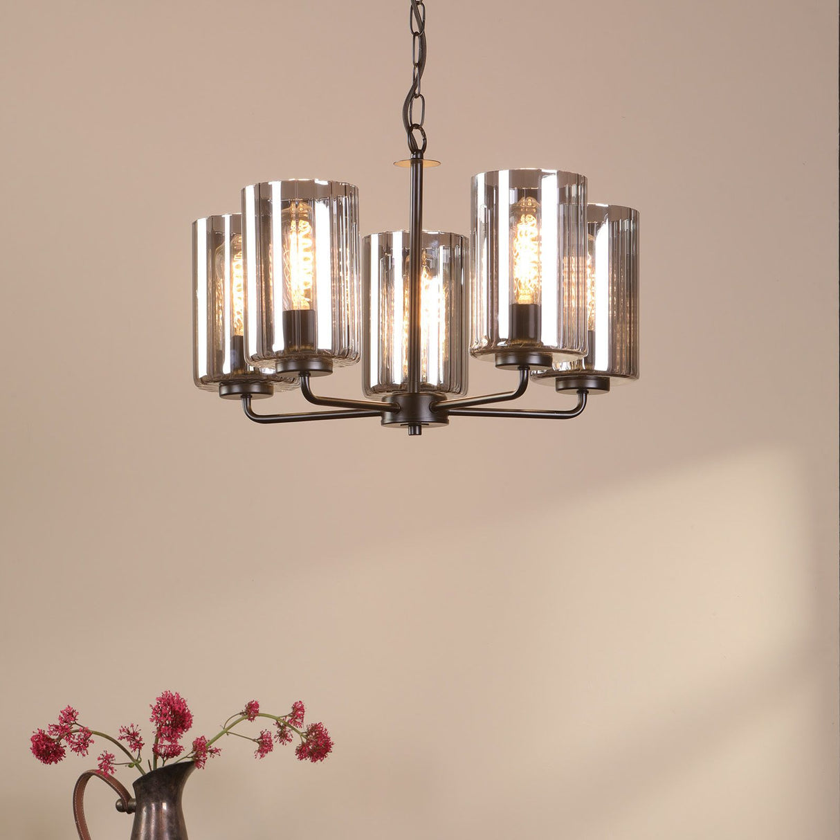 Daylin 5 Light Pendant Satin Black and Smoked Ribbed Glass