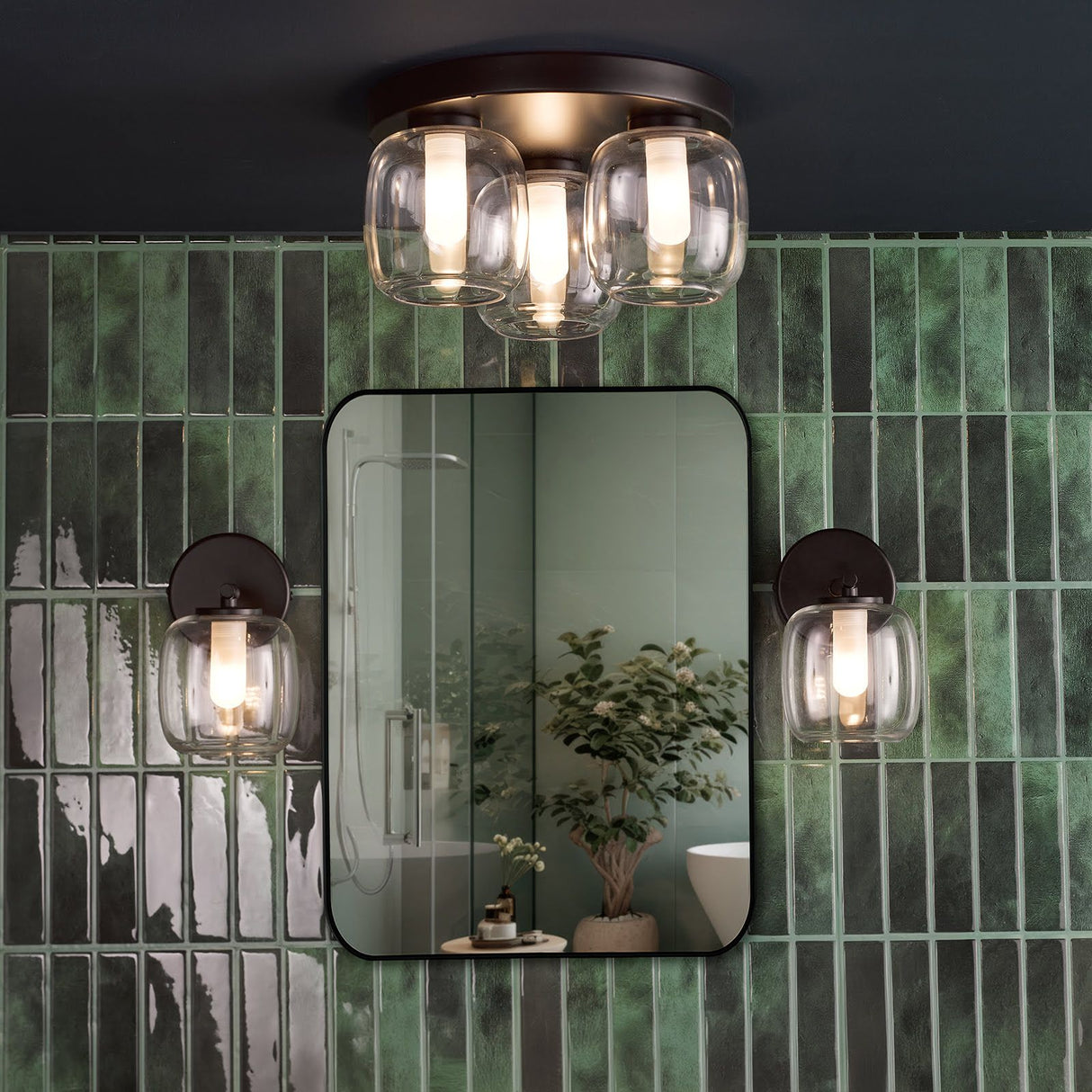 Edaline 3 Light Bathroom Flush Light Matt Black and Glass IP44
