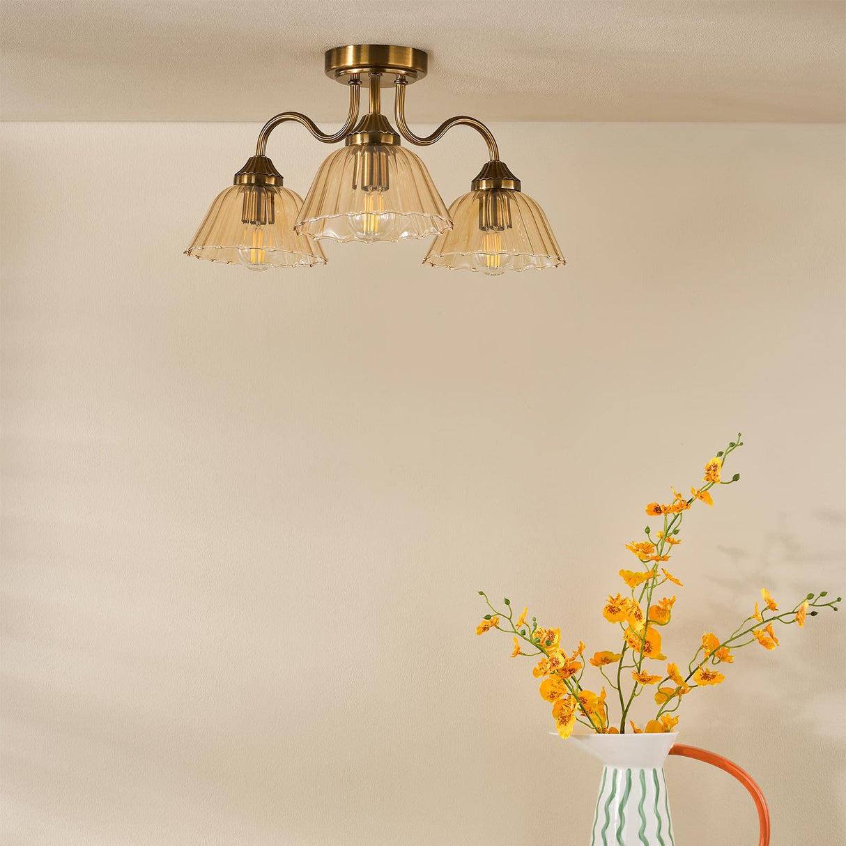 Erika 3 Light Semi-Flush Antique Bronze and Amber Glass