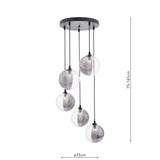 Federico 5 Light Cluster Pendant Matt Black With Smoked/Clear Ribbed Glass