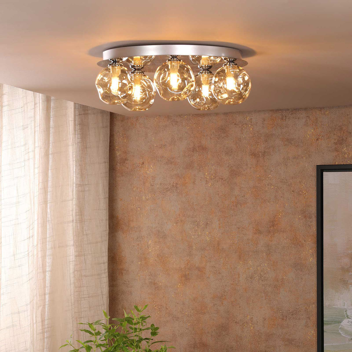 Foley 5 Light Flush Polished Chrome With Closed Organic Amber Glass