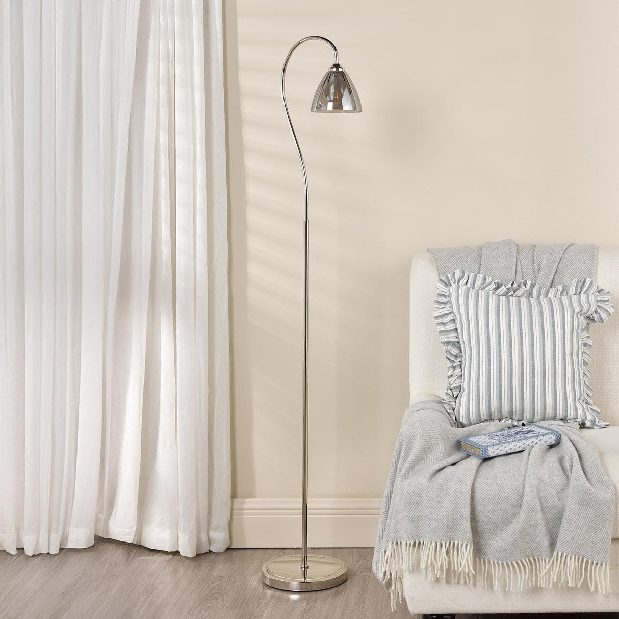 Glynis Floor Lamp Polished Nickel and Smoked Ribbed Glass