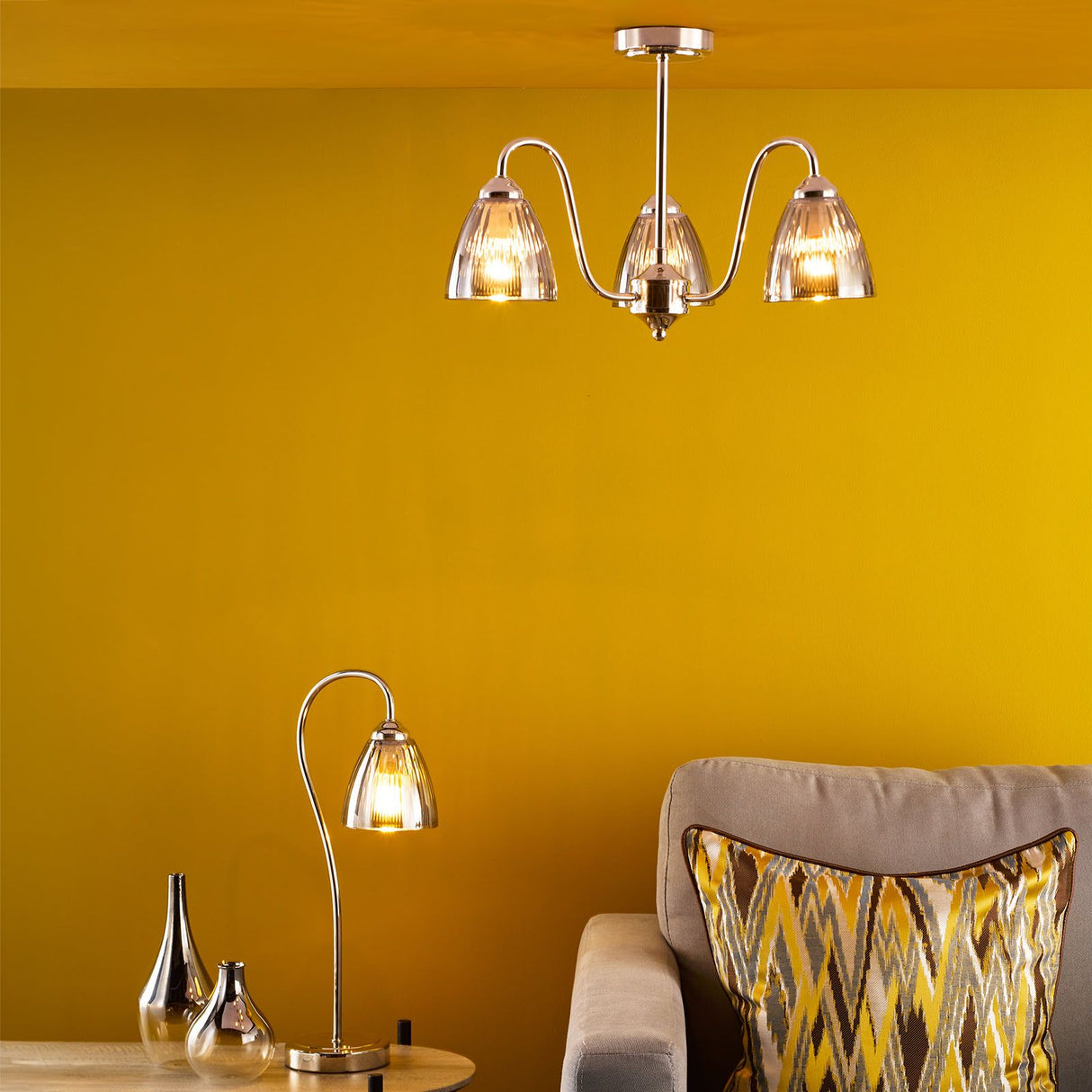 Glynis 3 Light Semi-Flush Polished Nickel and Smoked Ribbed Glass