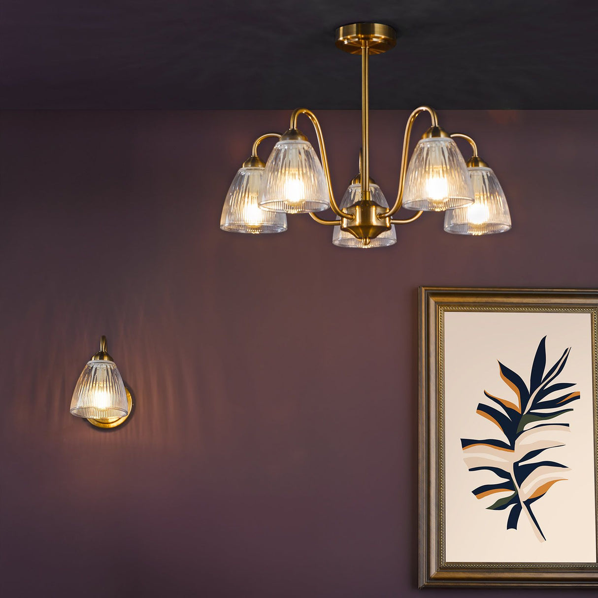 Glynis 5 Light Semi-Flush Antique Bronze and Ribbed Glass