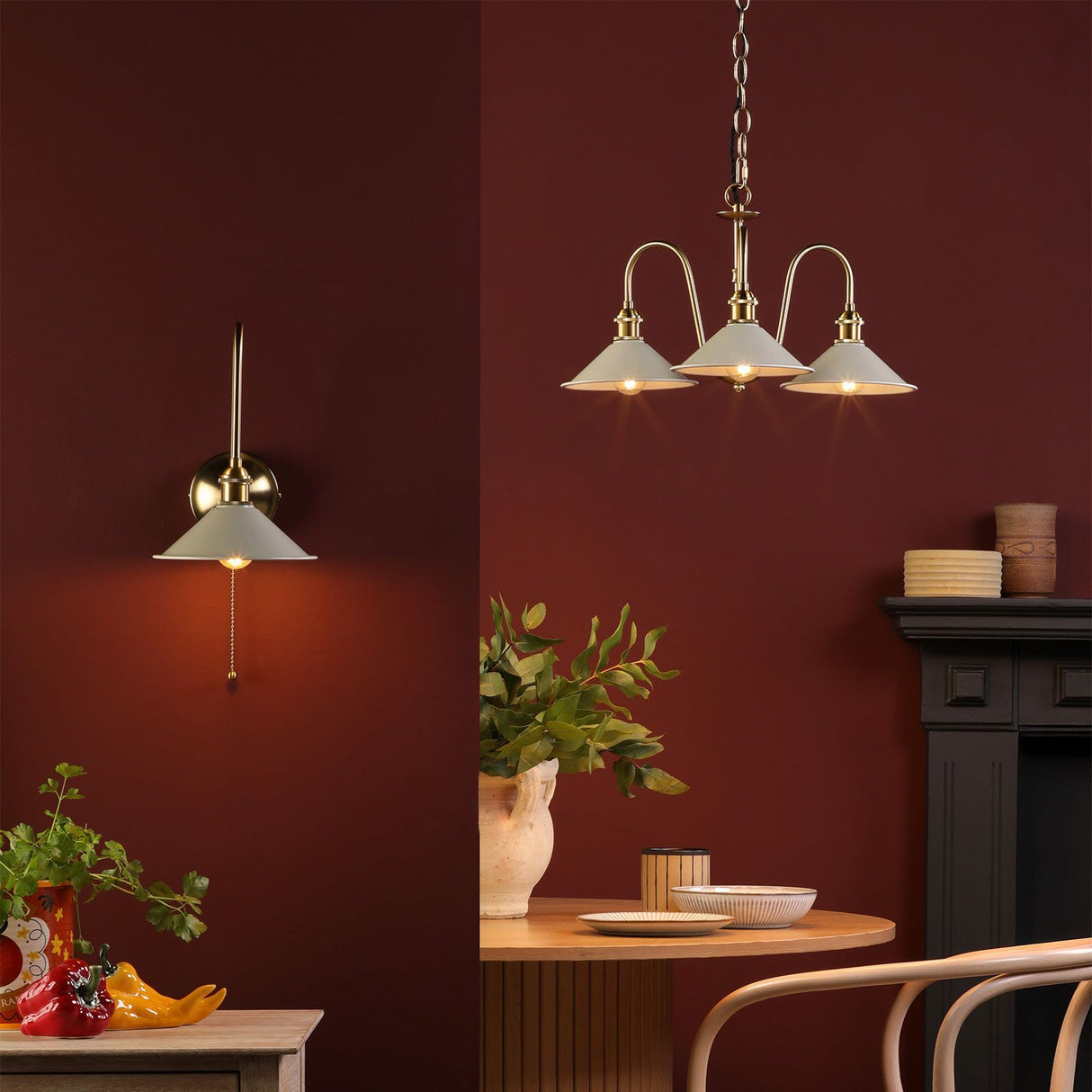 Hadano 3 Light Pendant Natural Brass and Matt Taupe