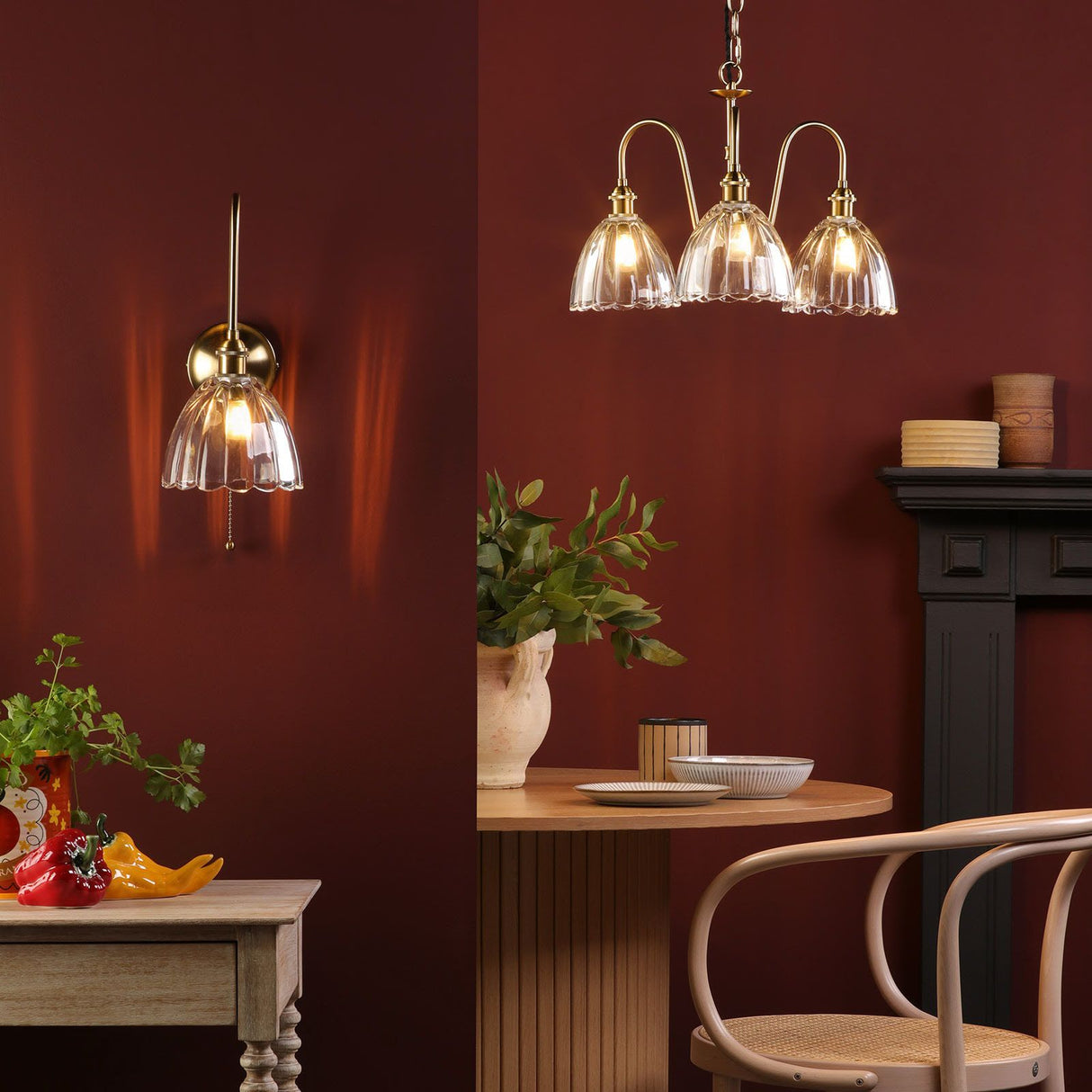 Hadano 3 Light Pendant Natural Brass and Glass