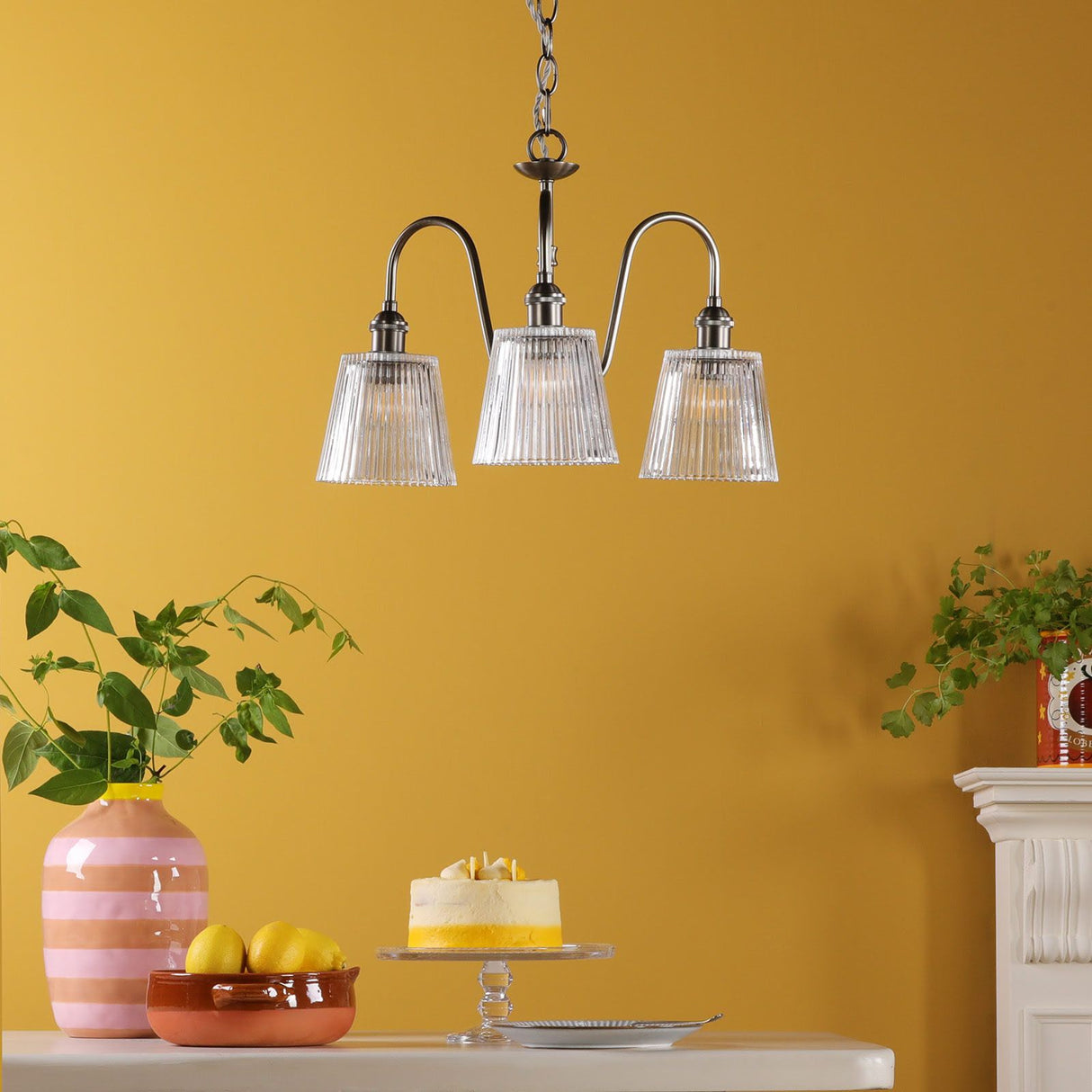 Hadano 3 Light Pendant Antique Chrome and Ribbed Glass