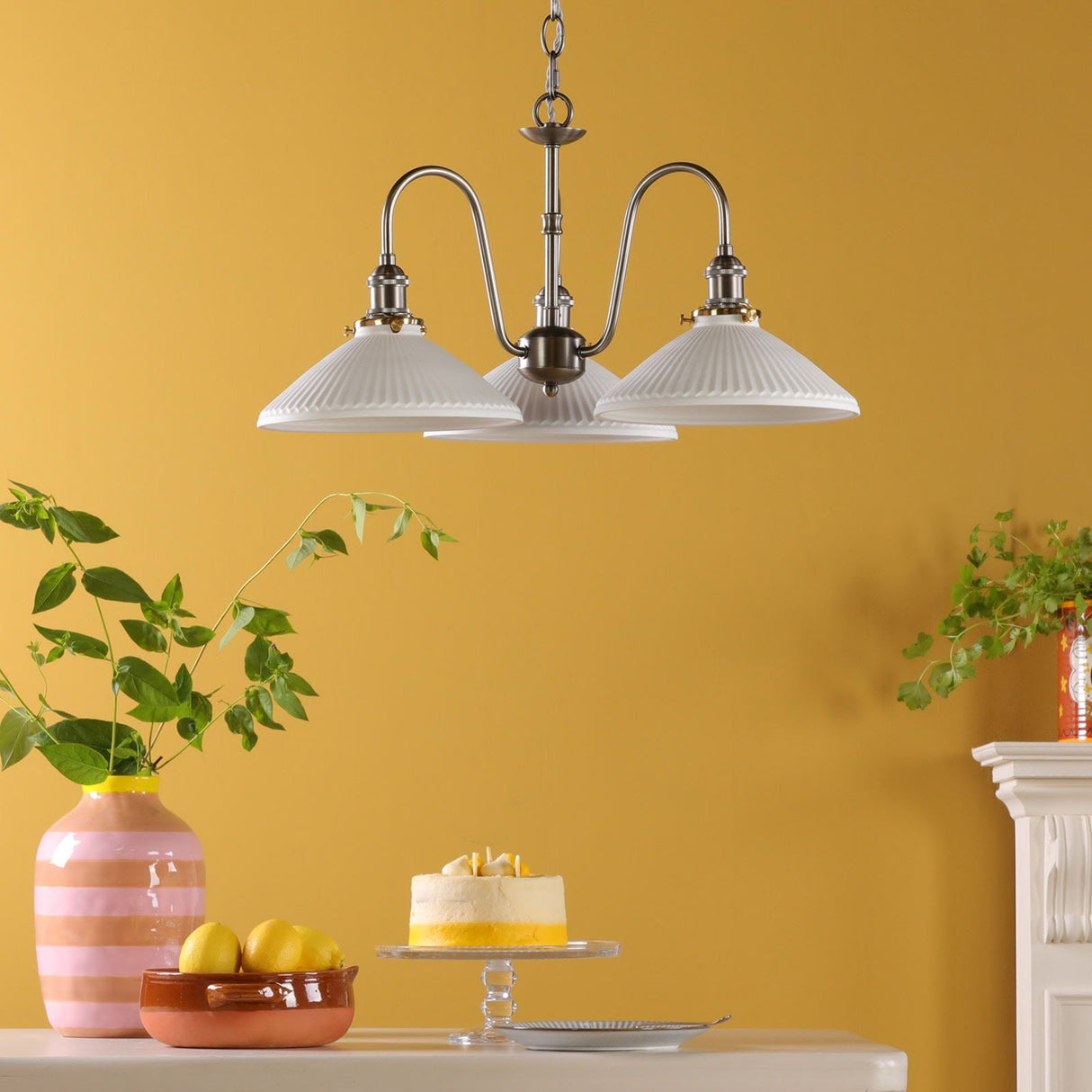 Hadano 3 Light Pendant Antique Chrome and White