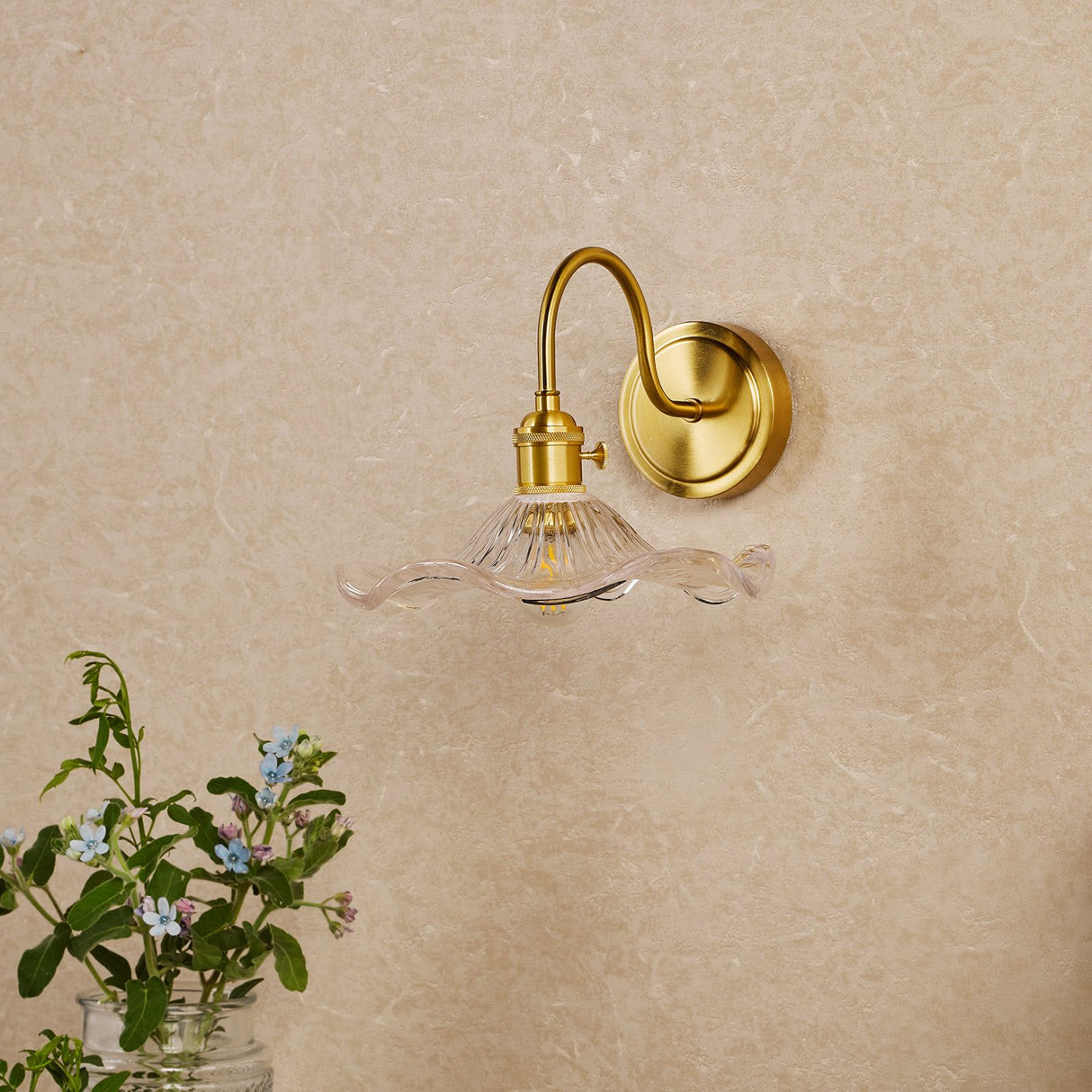 Hadano Wall Light Natural Brass and Wavy Glass