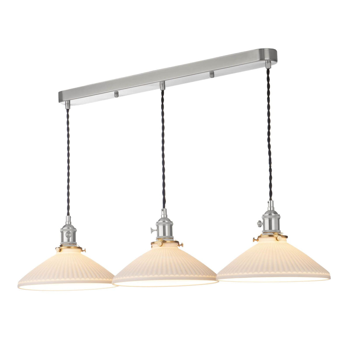 Hadano 3 Light Bar Pendant Antique Chrome & Ceramic Shallow Shade