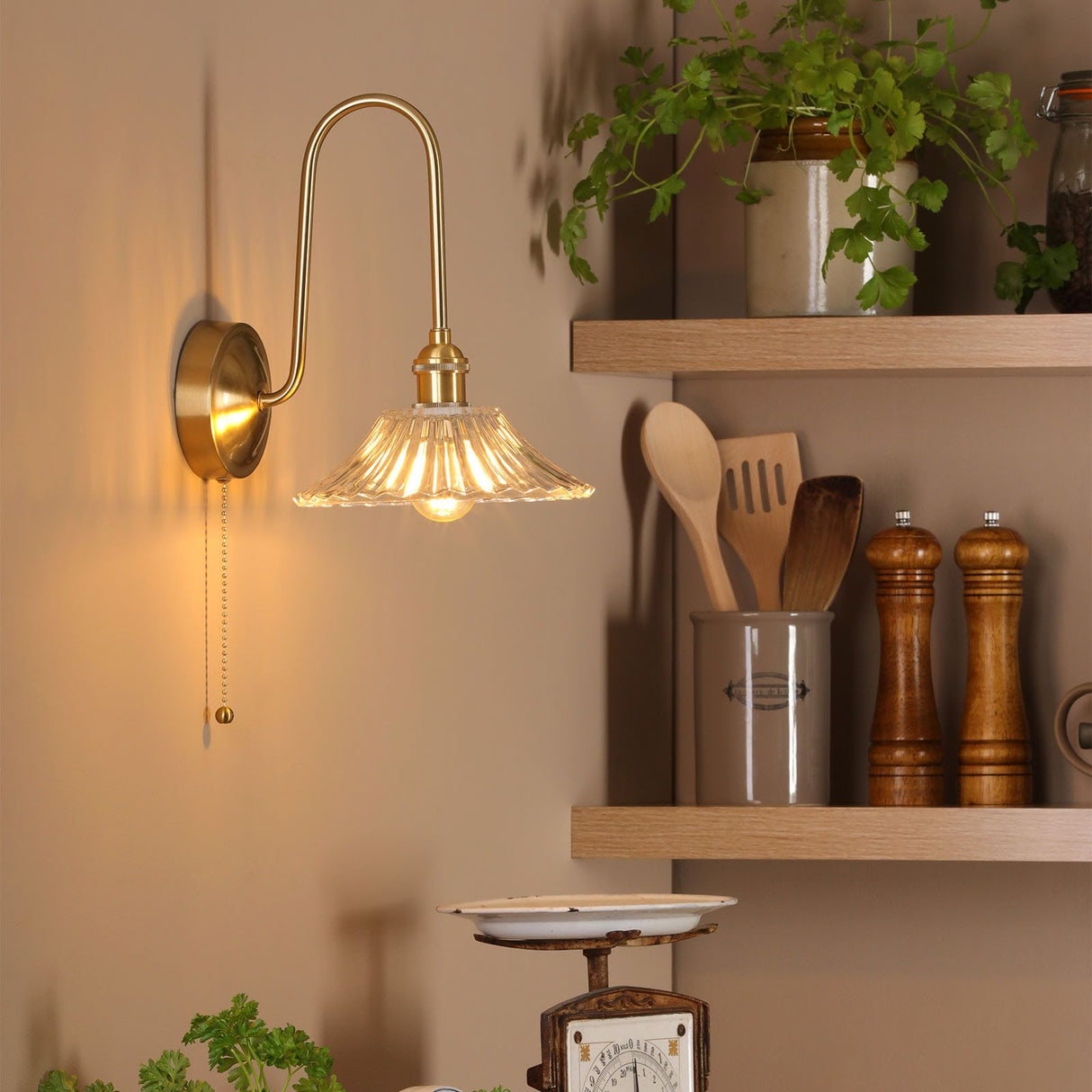 Hadano Wall Light Natural Brass and Glass