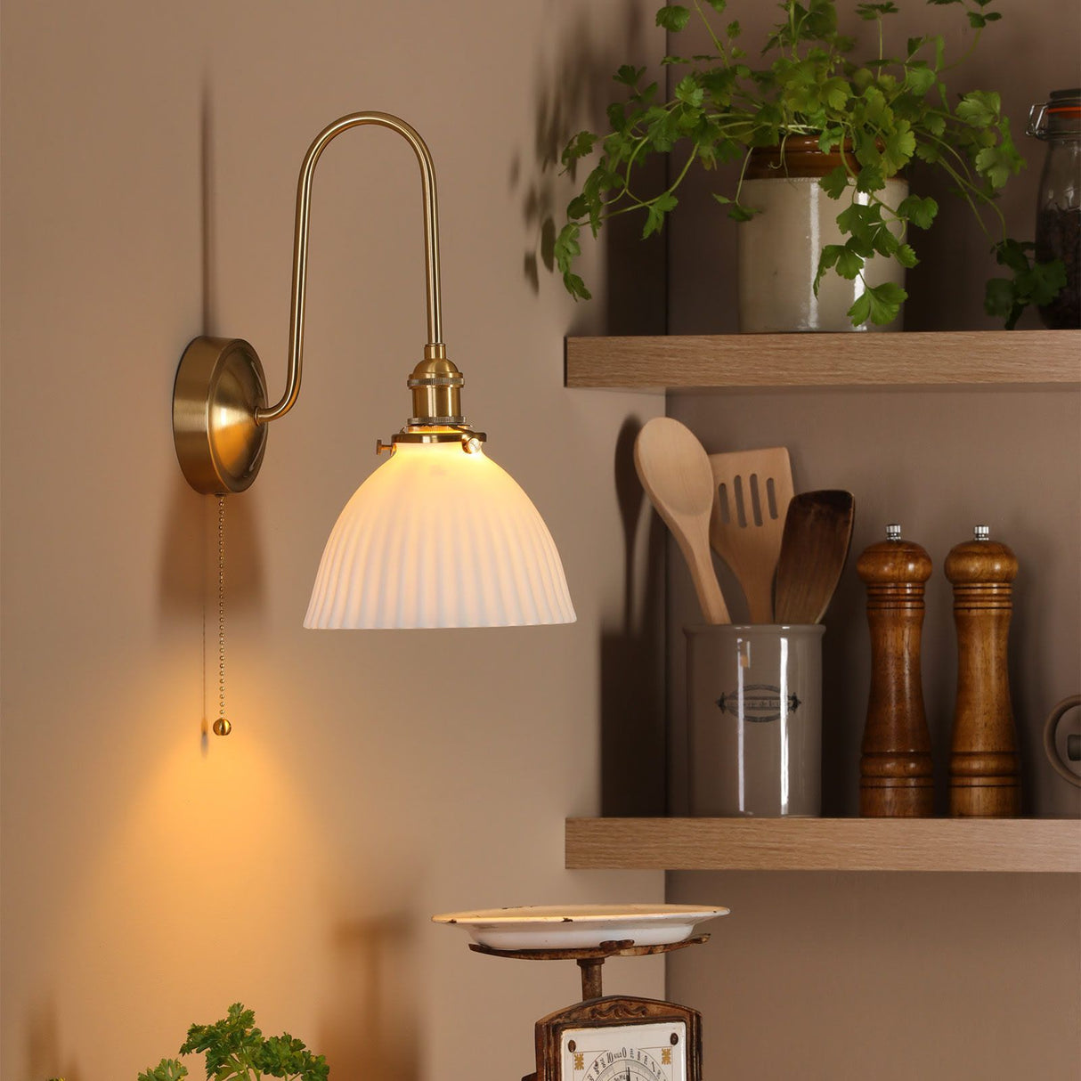 Hadano Wall Light Natural Brass and White