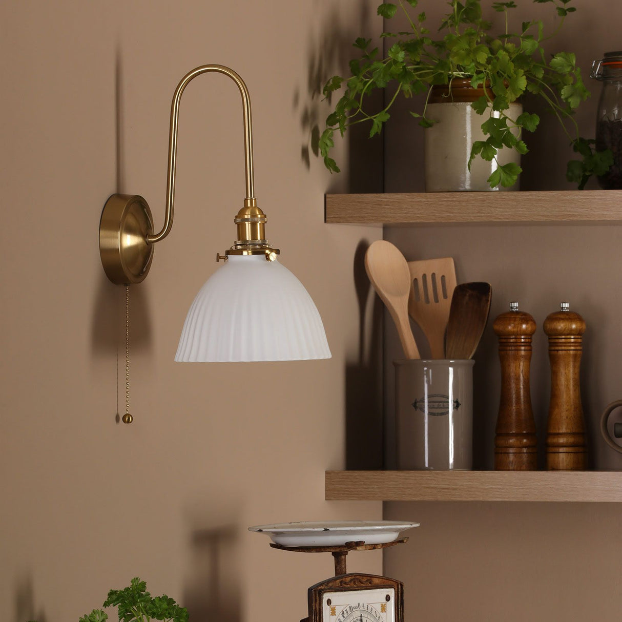 Hadano Wall Light Natural Brass and White