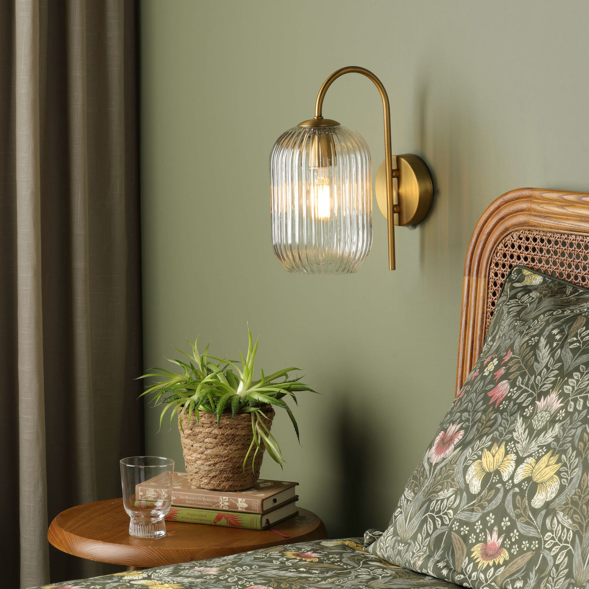 Idra Wall Light Aged Bronze and Pink Ribbed Glass