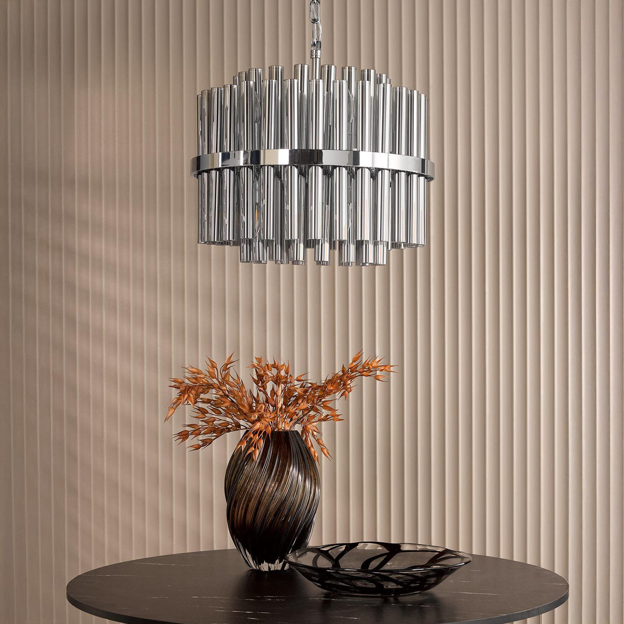 Imani 12 Light Pendant Polished Chrome and Smoked Ribbed Glass