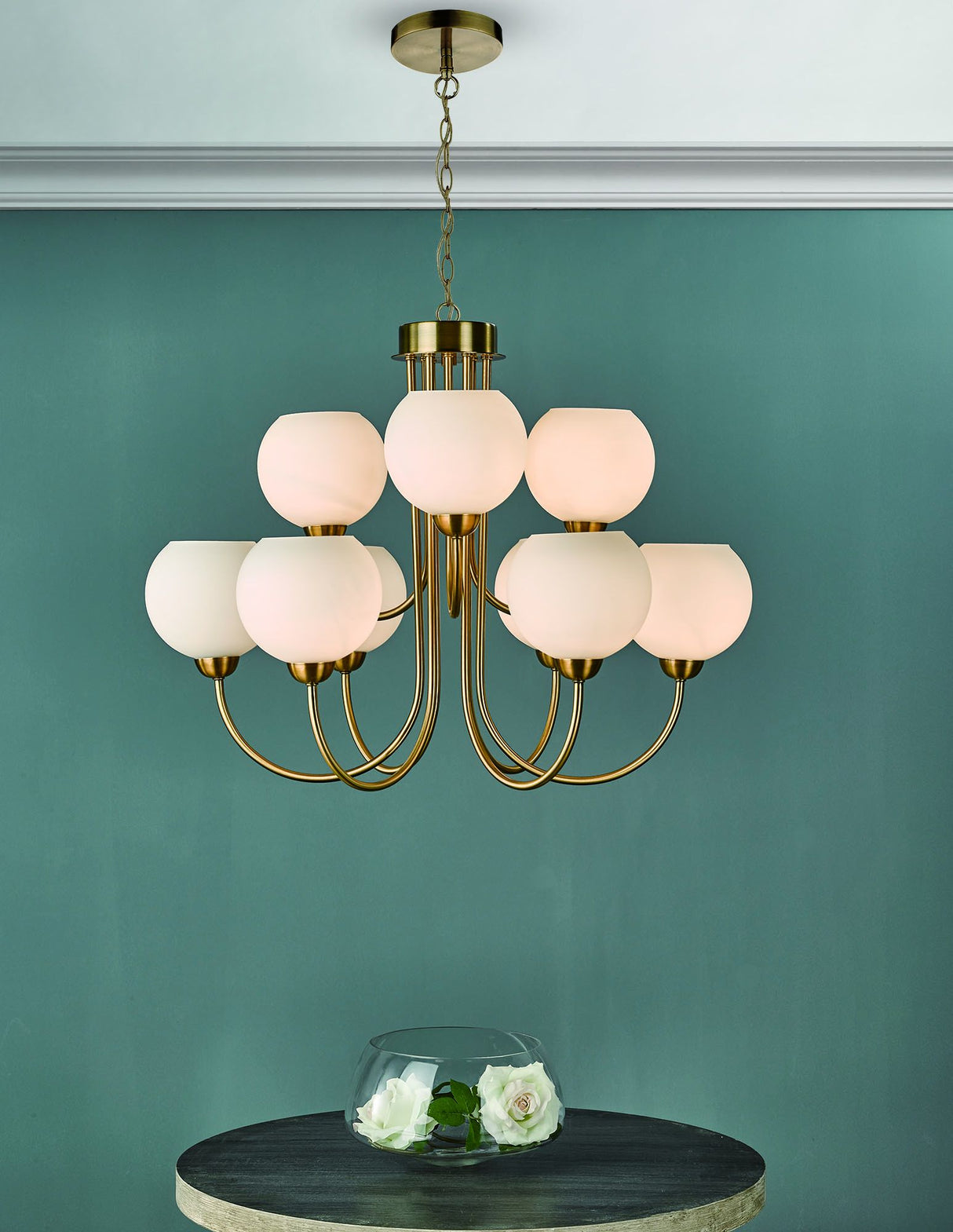 Indra 9 Light Pendant Natural Brass and Opal Glass