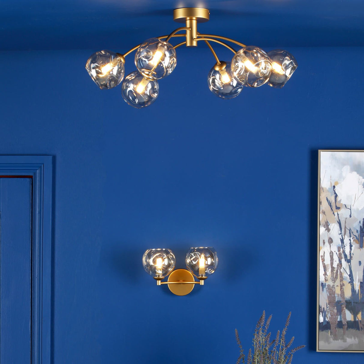 Izzy 6 Light Semi-Flush Matt Gold With Organic Amber Glass