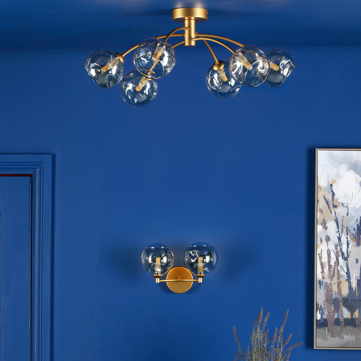 Izzy 6 Light Semi-Flush Matt Gold With Organic Amber Glass