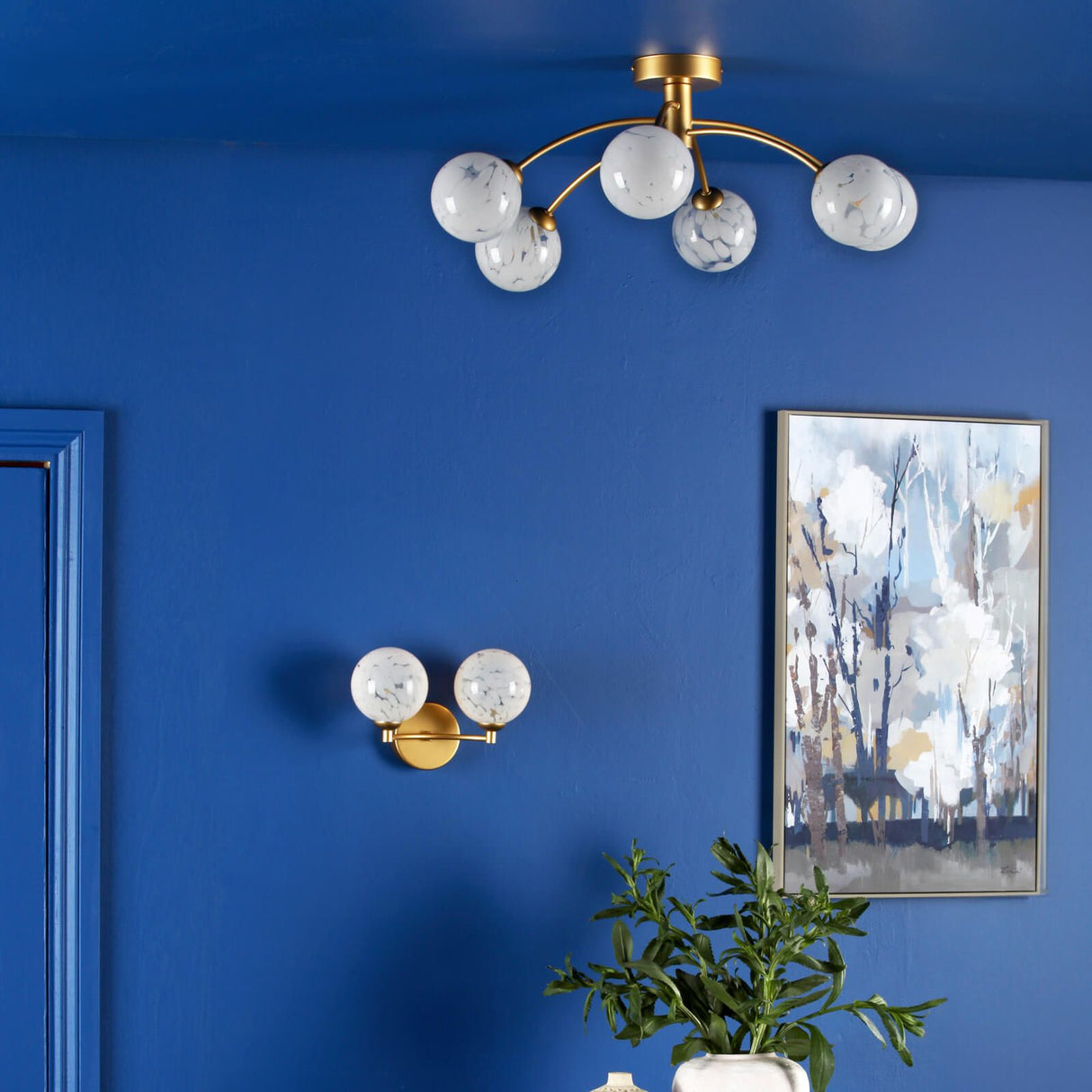 Izzy 6 Light Semi-Flush Matt Gold With White Confetti Glass