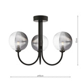 Jared 3 Light Semi Flush Matt Black With Smoked/Clear Ribbed Glass