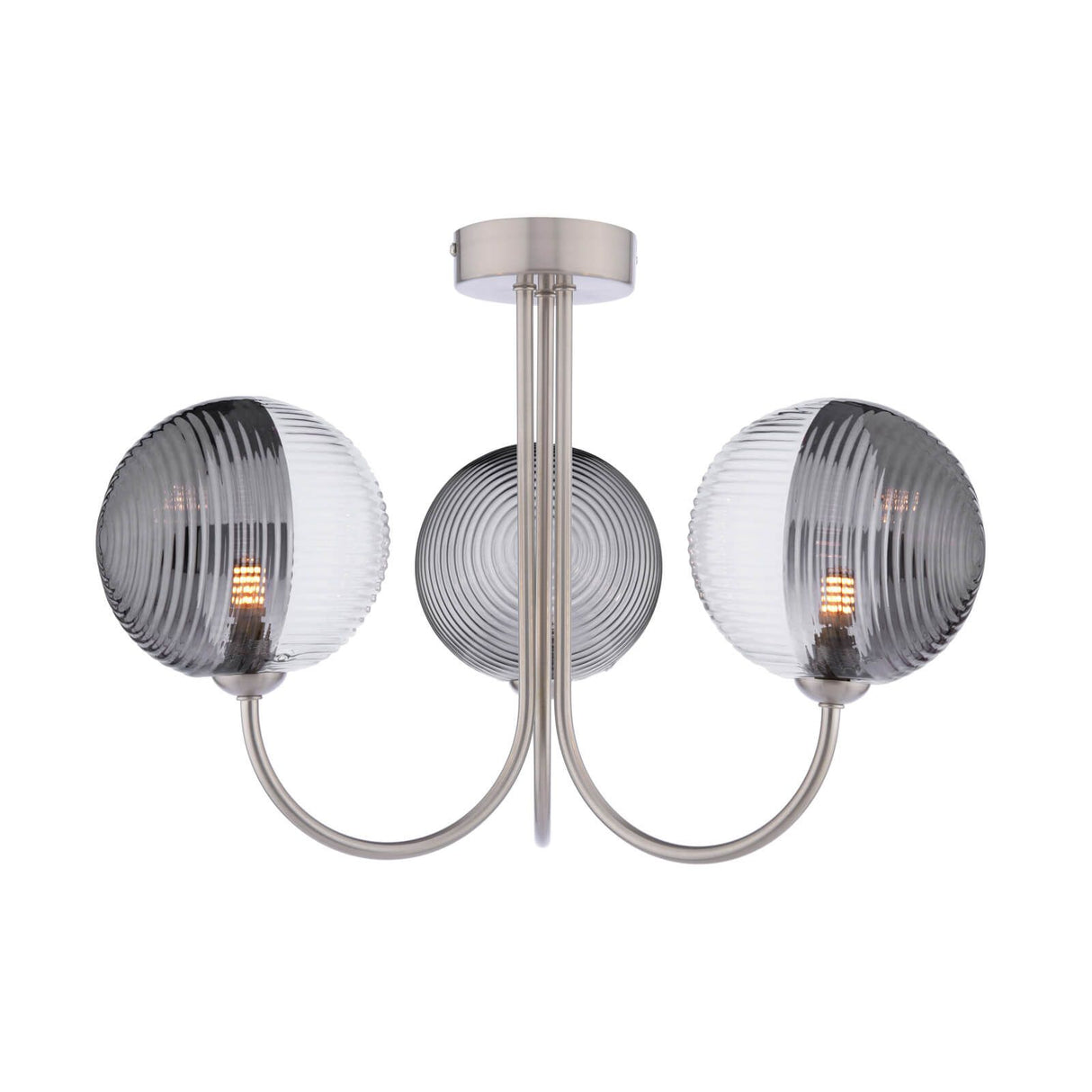 Jared 3 Light Semi-Flush Satin Nickel With Smoked/Clear Ribbed Glass