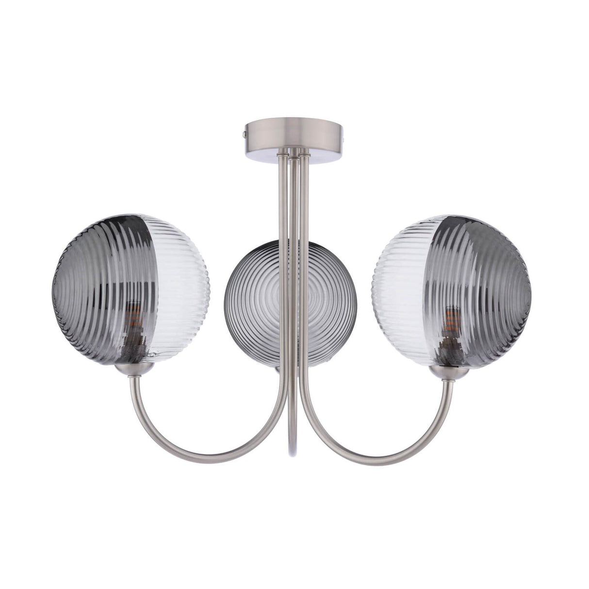 Jared 3 Light Semi-Flush Satin Nickel With Smoked/Clear Ribbed Glass