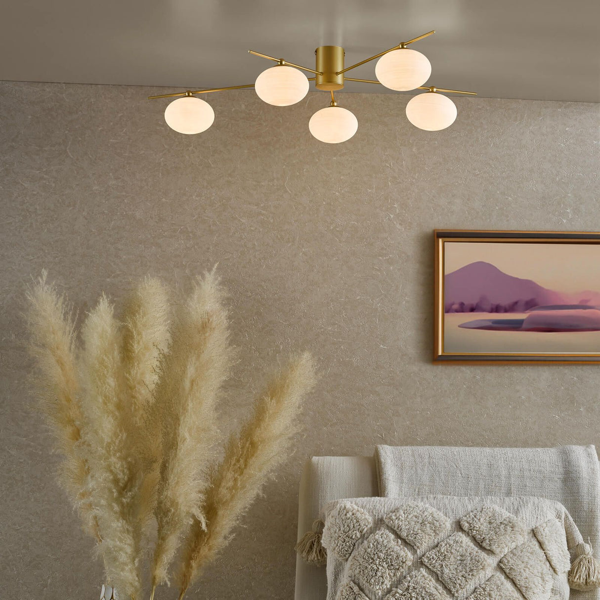 Jasper 5 Light Semi-Flush Satin Gold and Opal Glass