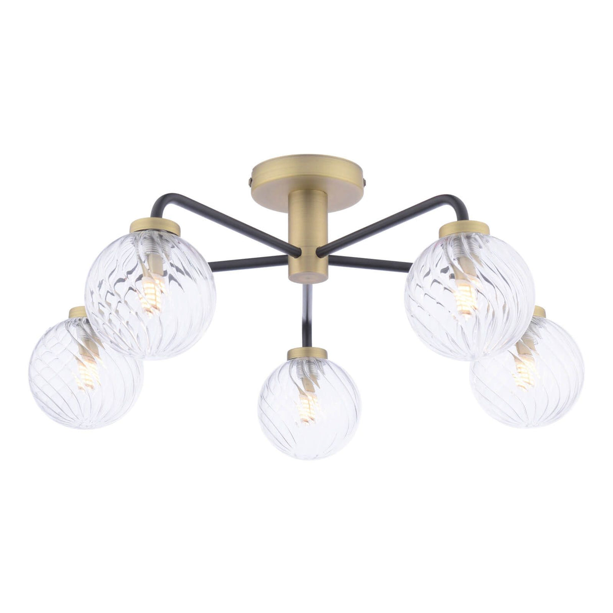 Lainey 5 Light Semi-Flush Matt Black and Antique Brass With Twisted Glass
