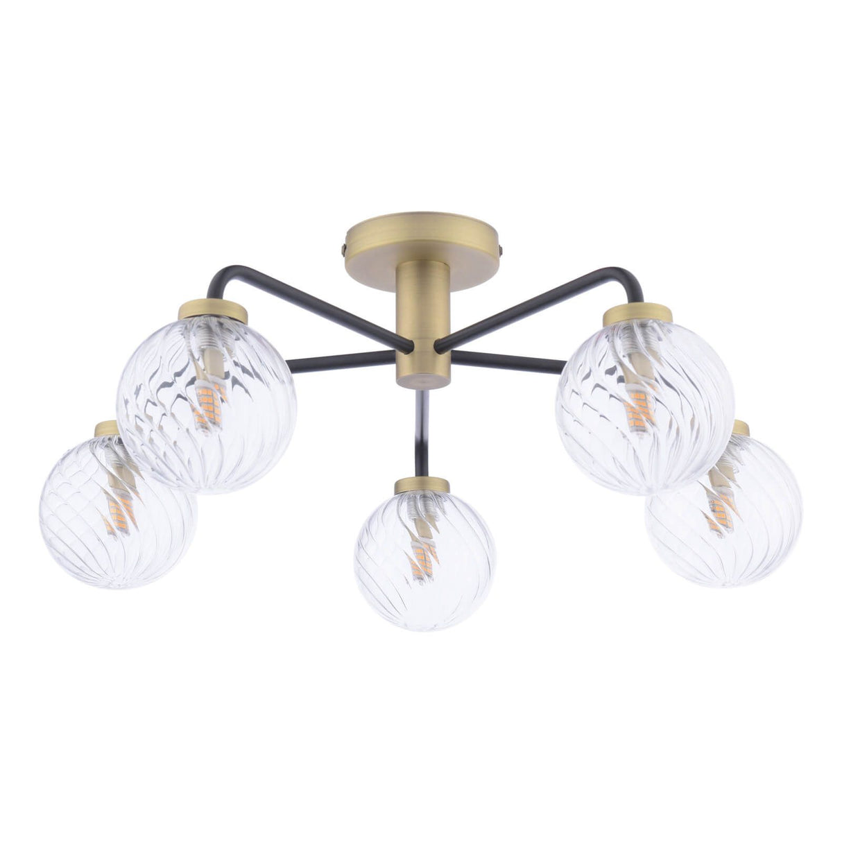 Lainey 5 Light Semi-Flush Matt Black and Antique Brass With Twisted Glass
