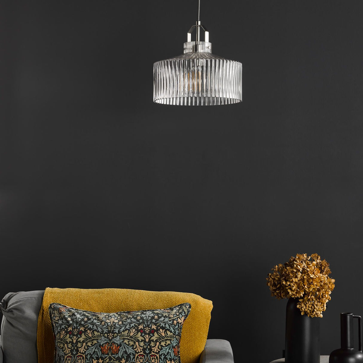 Lenka Pendant Satin Nickel and Ribbed Glass