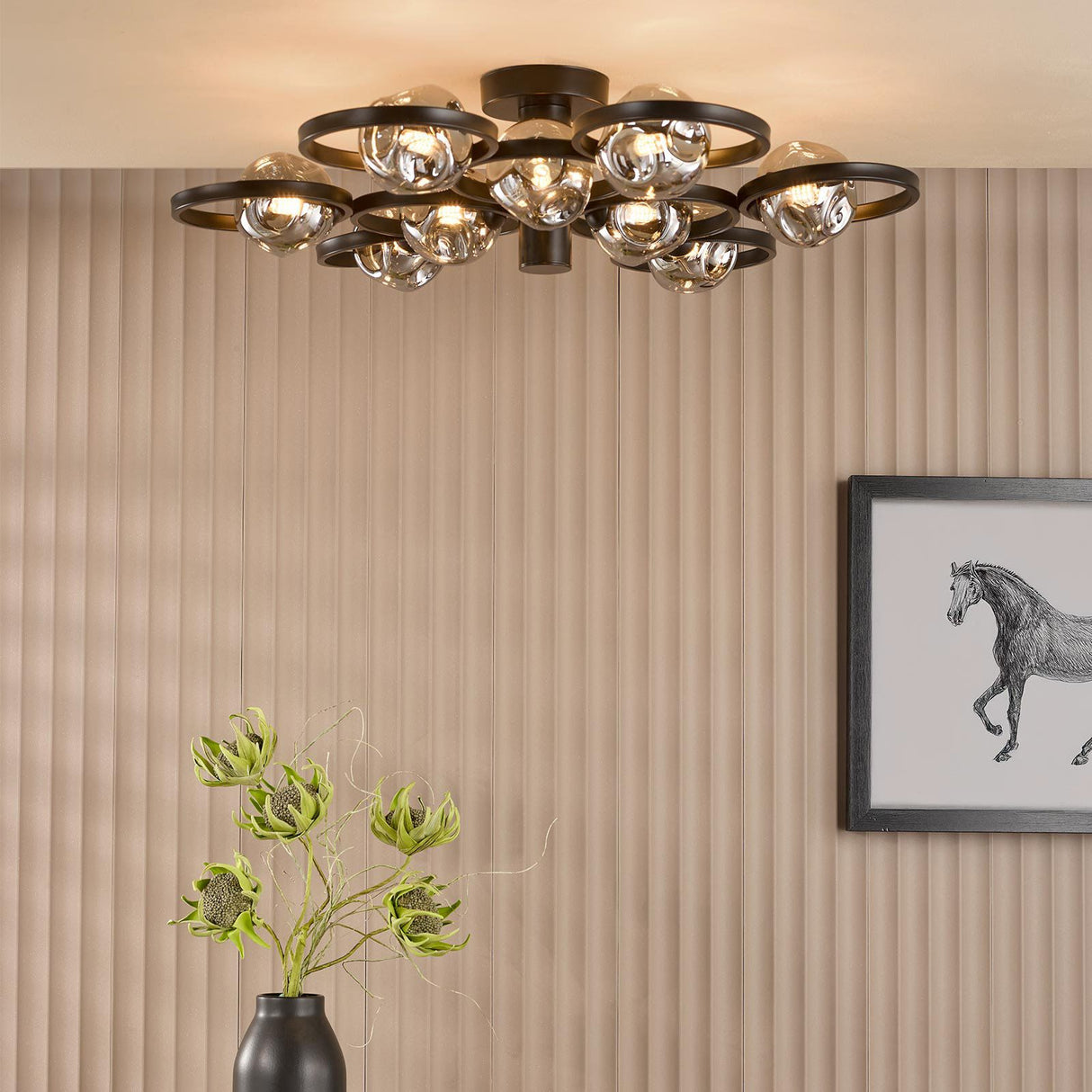 Lynette 9 Light Semi-Flush Satin Black With Closed Organic Smoked Glass