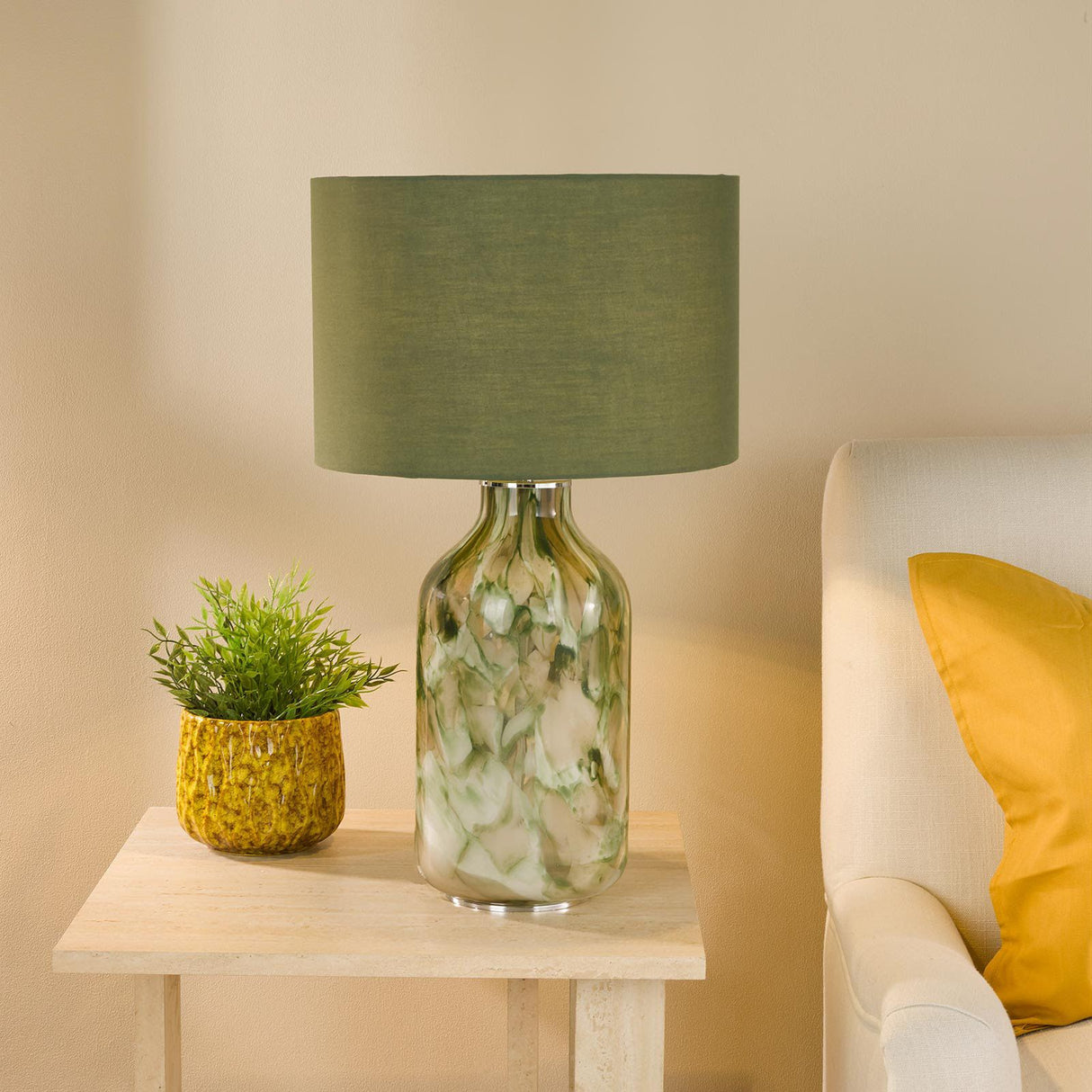 Nuria Table Lamp Green Art Glass and Polished Chrome With Shade