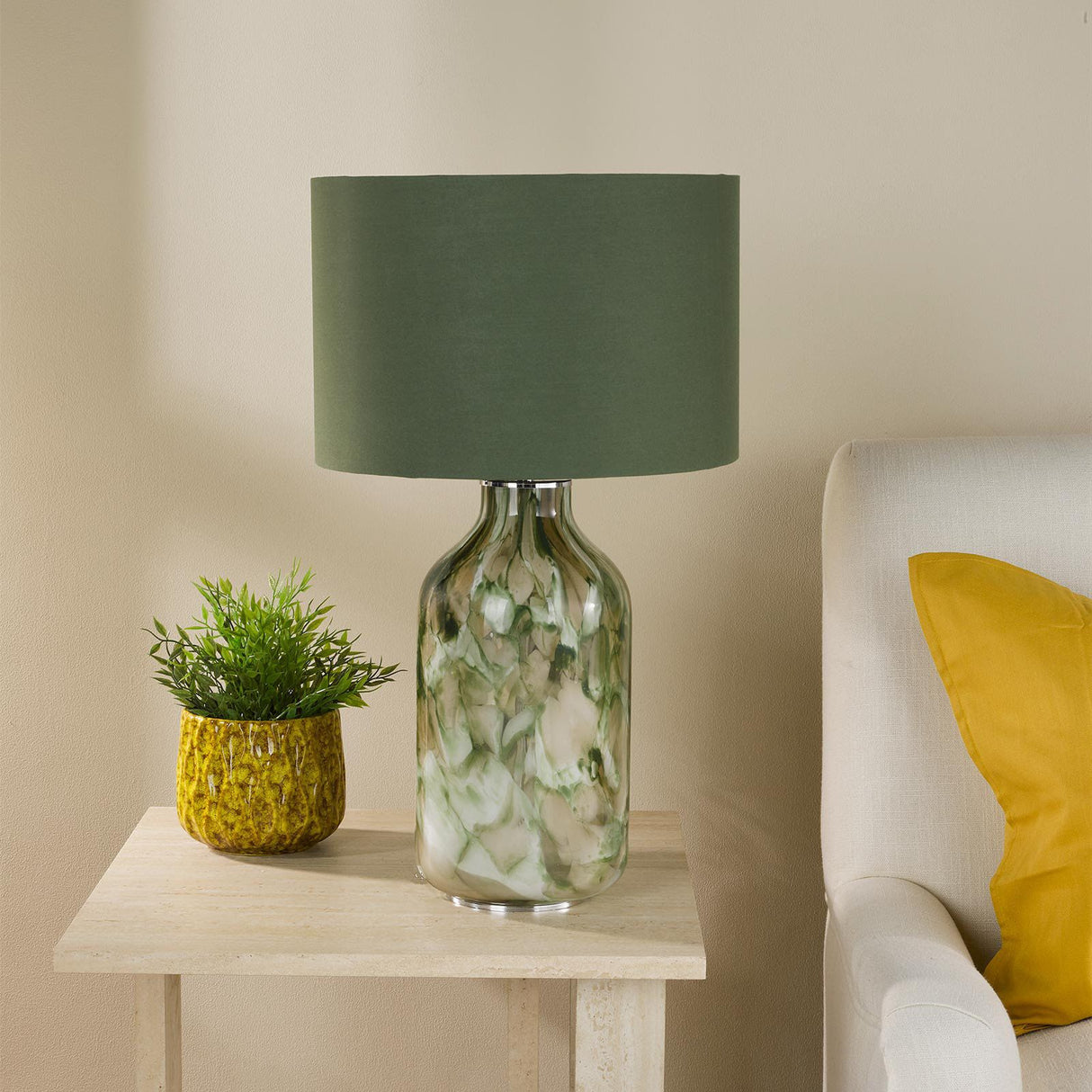 Nuria Table Lamp Green Art Glass and Polished Chrome With Shade