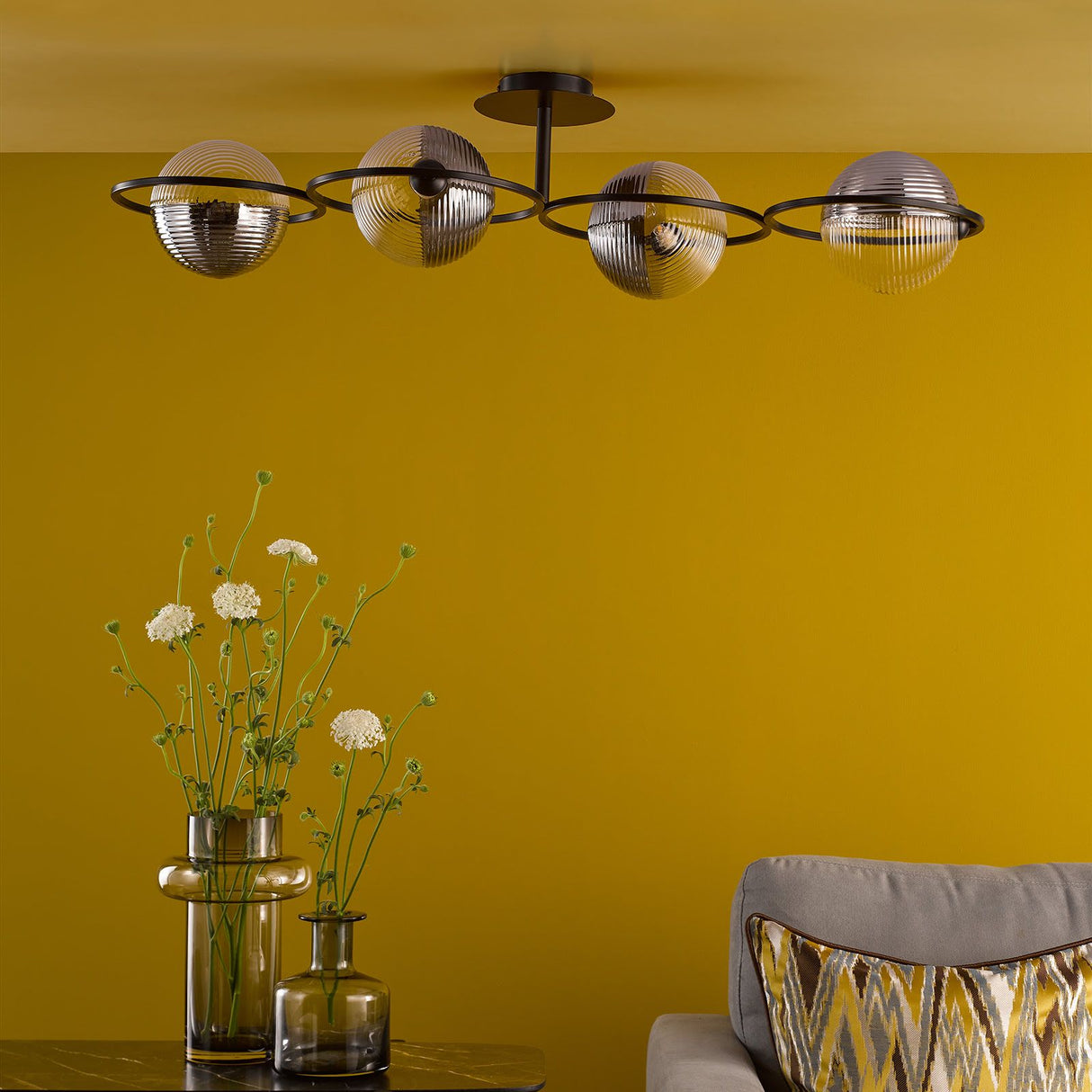 Olympus 4 Light Semi-Flush Matt Black With Smoked/Clear Ribbed Glass